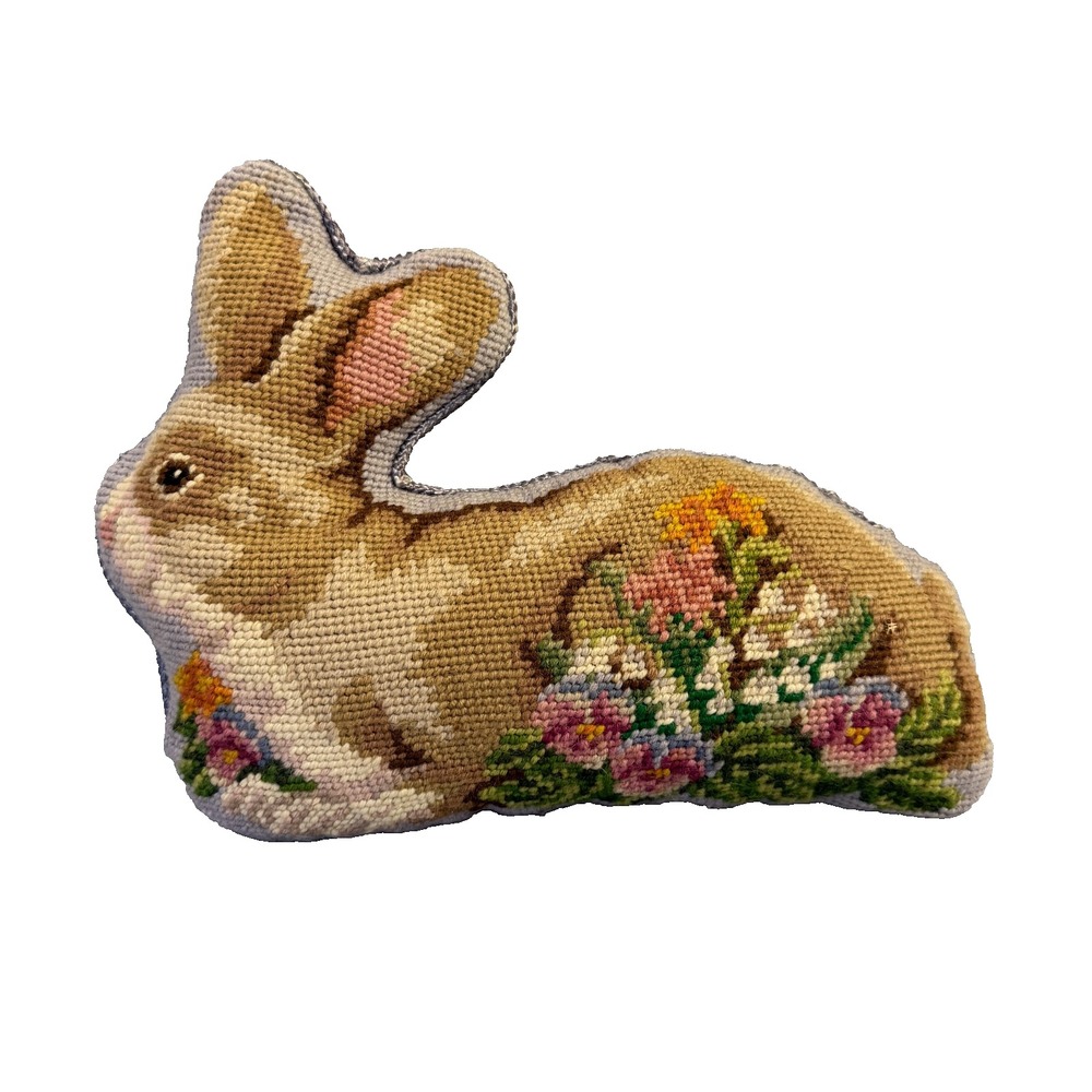 Lillian Vernon Vintage Wool Needlepoint Easter Bunny Rabbit Pillow Blue Velvet